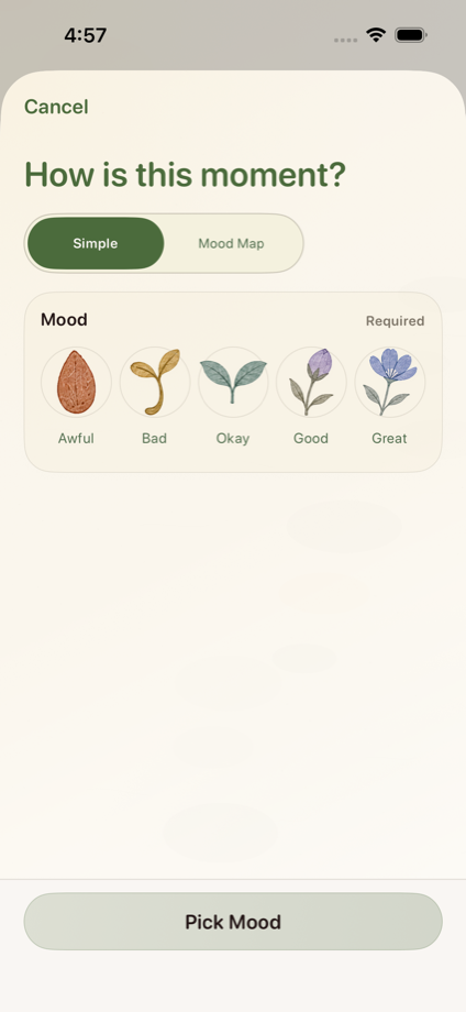 Tendi check-in screen showing the simple mood picker.