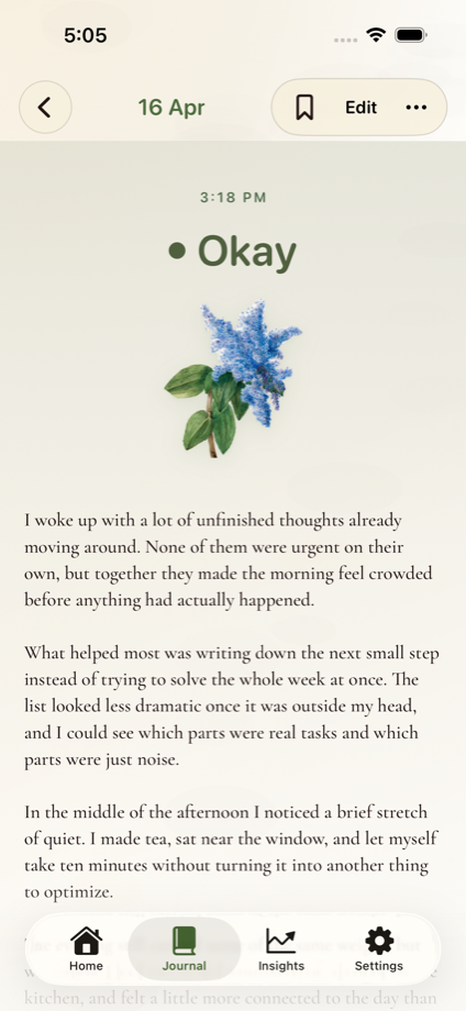 Tendi entry detail screen with mood context, note, and activities. The pressed flower specimen represents the chosen emotion.