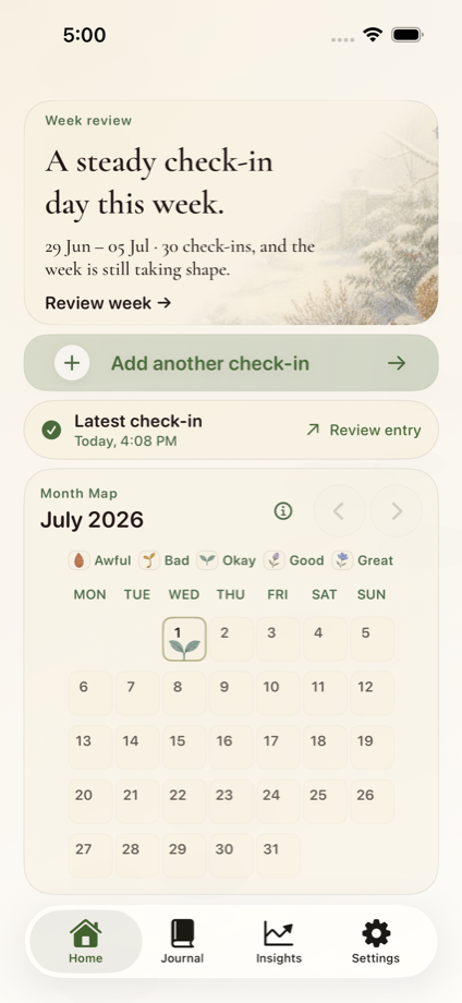 Tendi Home screen showing this week's mood takeaway and a Month Map calendar.